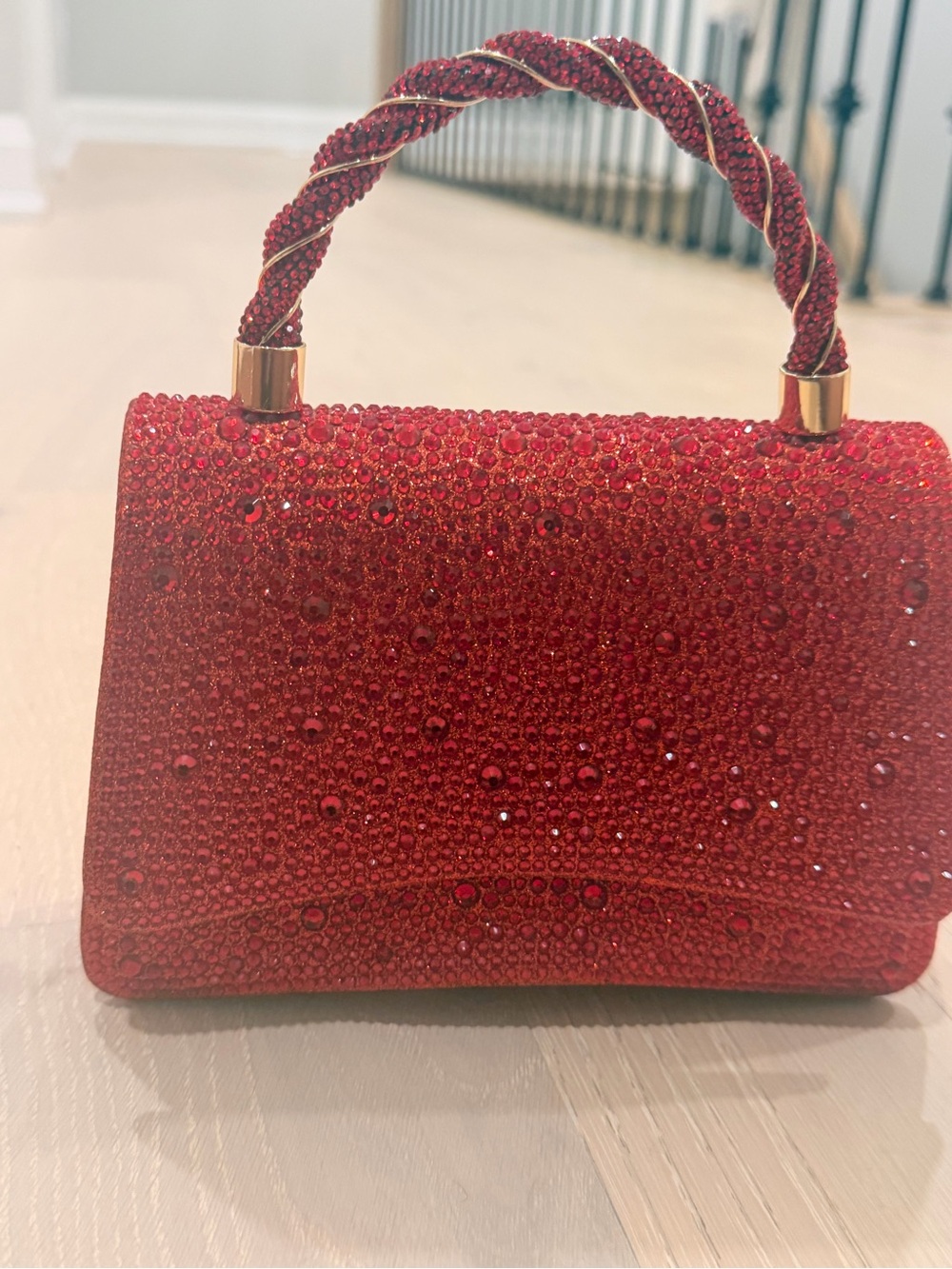 Red Crystal-Embellished Top Handle Evening Bag